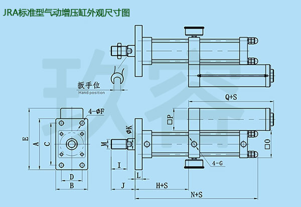 JRA標(biāo)準型氣動增壓缸外觀尺寸圖
